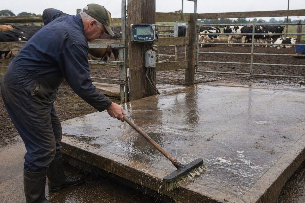 Farmer cleaning cattle weigh scale platform and inspecting load cells for maintenance and accuracy.
