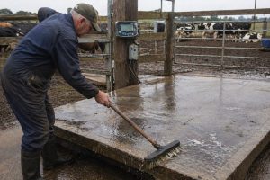 Farmer cleaning cattle weigh scale platform and inspecting load cells for maintenance and accuracy.