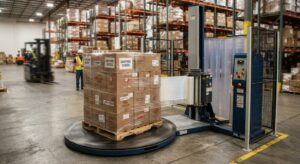 An automatic turntable stretch wrap machine tightly securing a pallet load in a warehouse.
