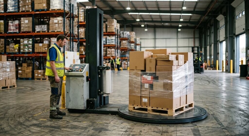 A warehouse operator monitoring a semi-automatic turntable pallet wrapper